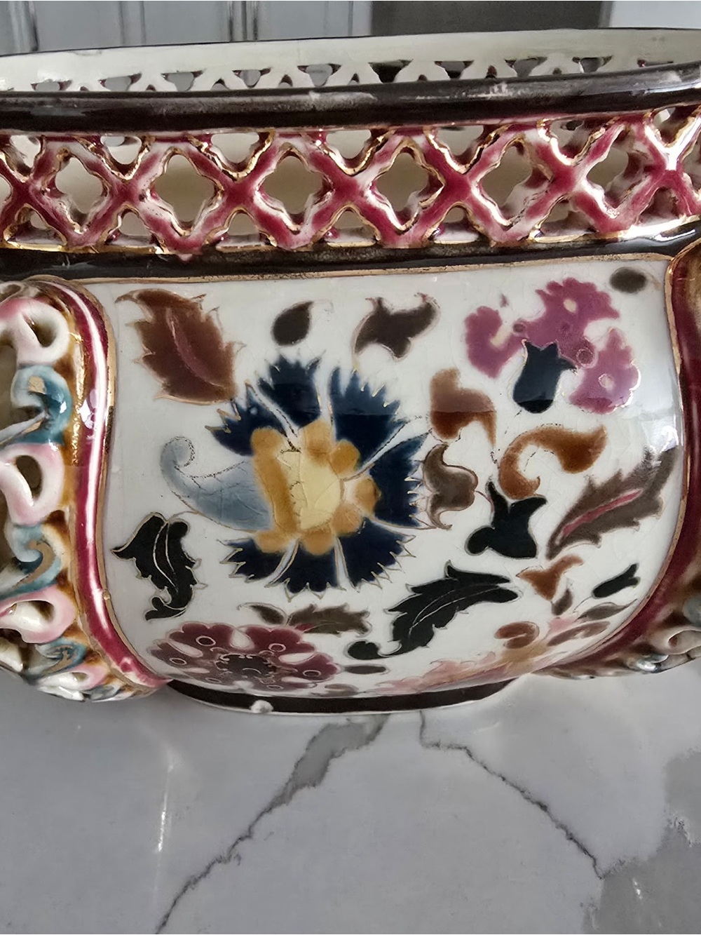 Antique Zsolnay Pécs Reticulated Cachepot – Hand-Painted Floral Design